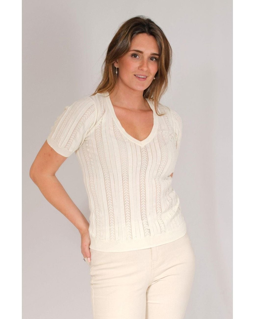 Naf Naf White Lace V Neck T Shirt