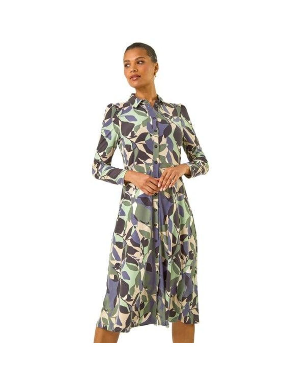 Roman Purple Abstract Leaf Print Shirt Dress