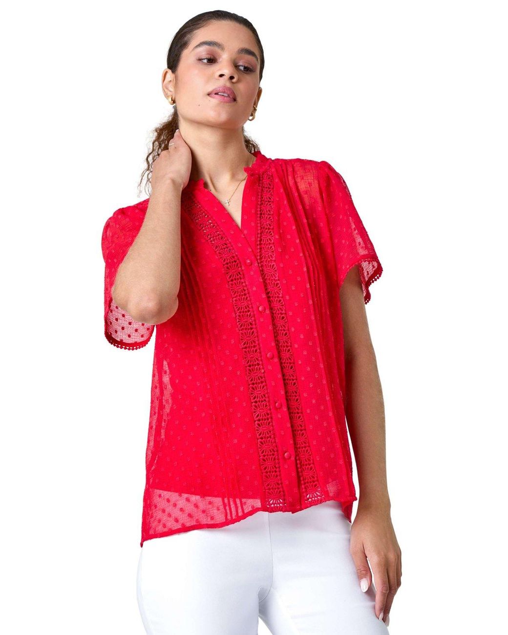 Roman Textured Spot Lace Trim Blouse