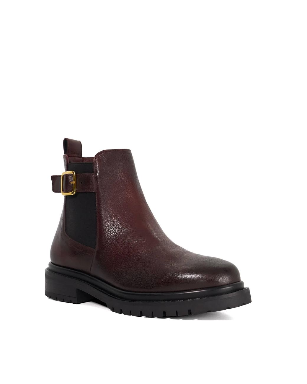 Dune Brown Paused Leather Buckle Detail Ankle Boots