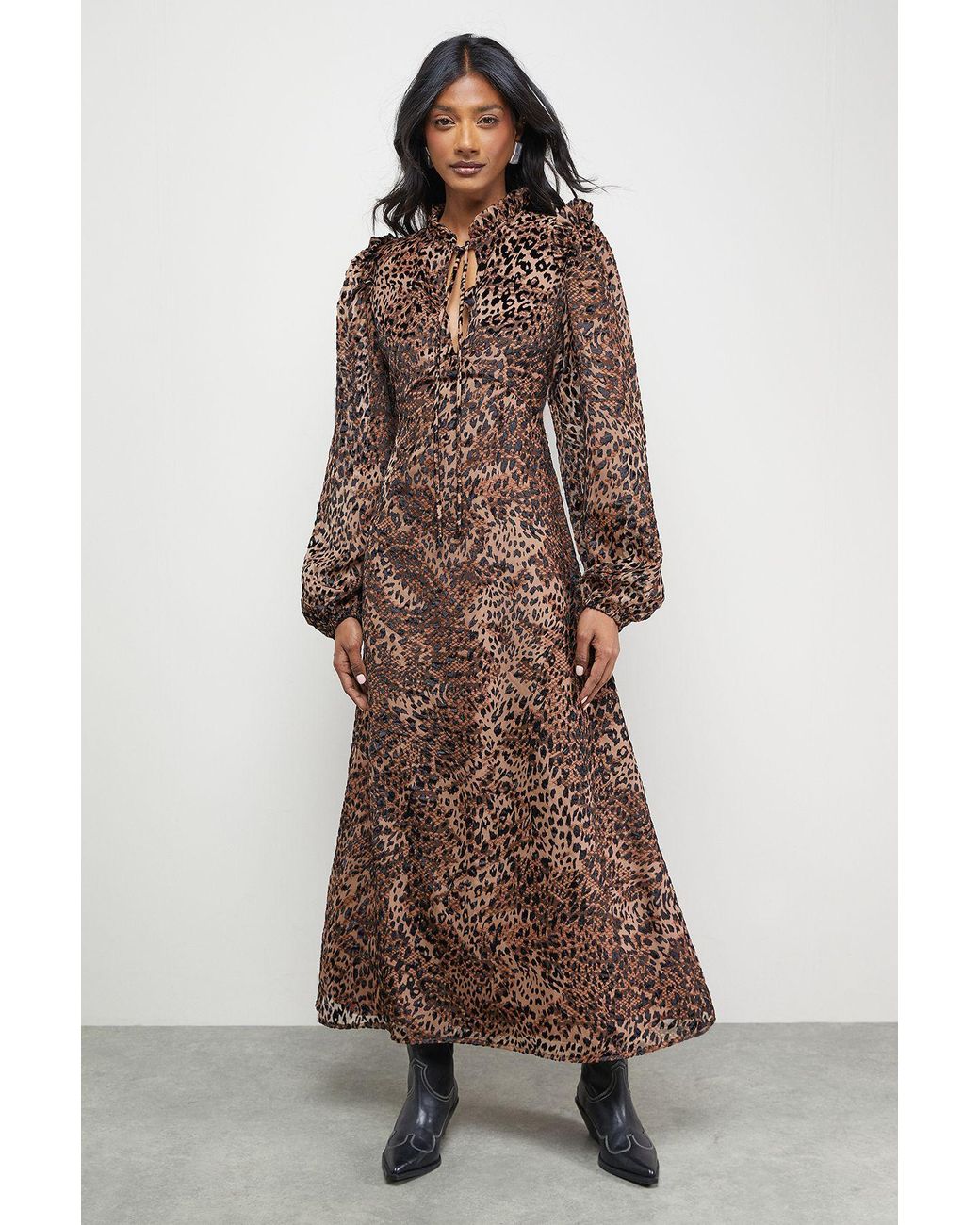 Oasis Brown Burnout Velvet Frill Shoulder Tie Front Midi Dress