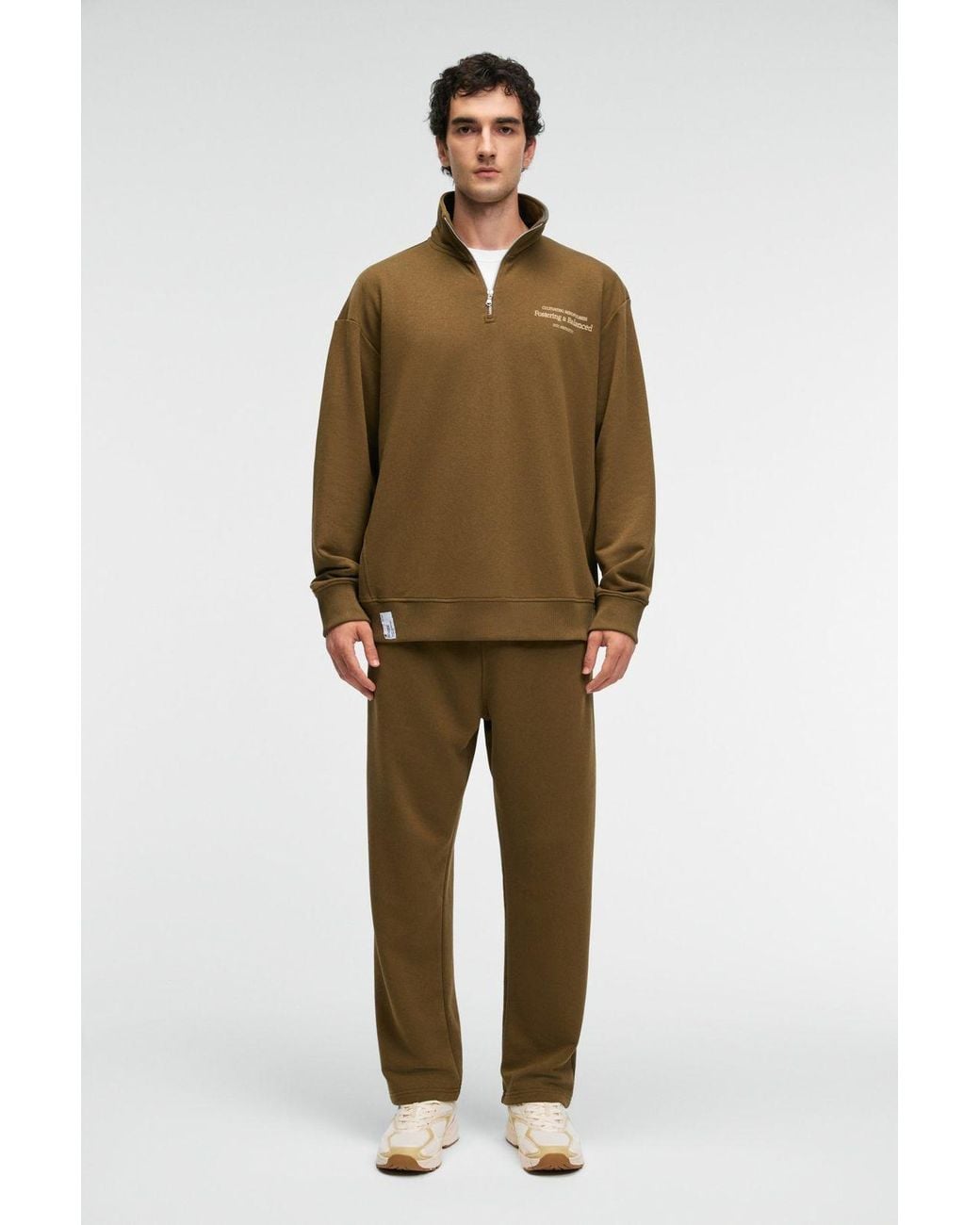 Grimelange Natural Text Print Half Zip Sweatshirt for men
