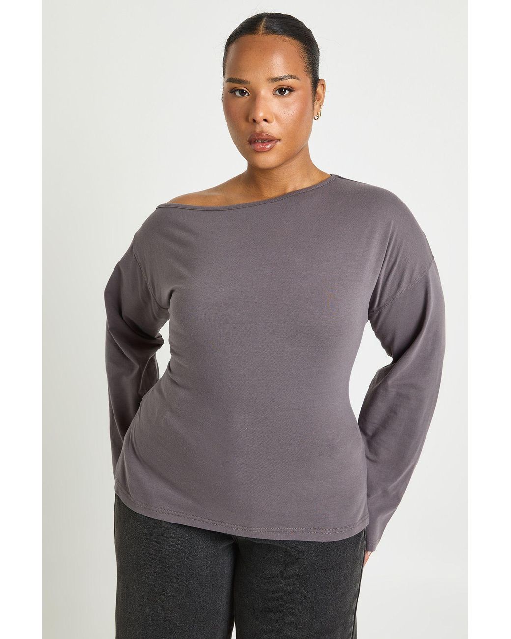 Boohoo Gray Plus Off The Shoulder Ruched Split Hem Top