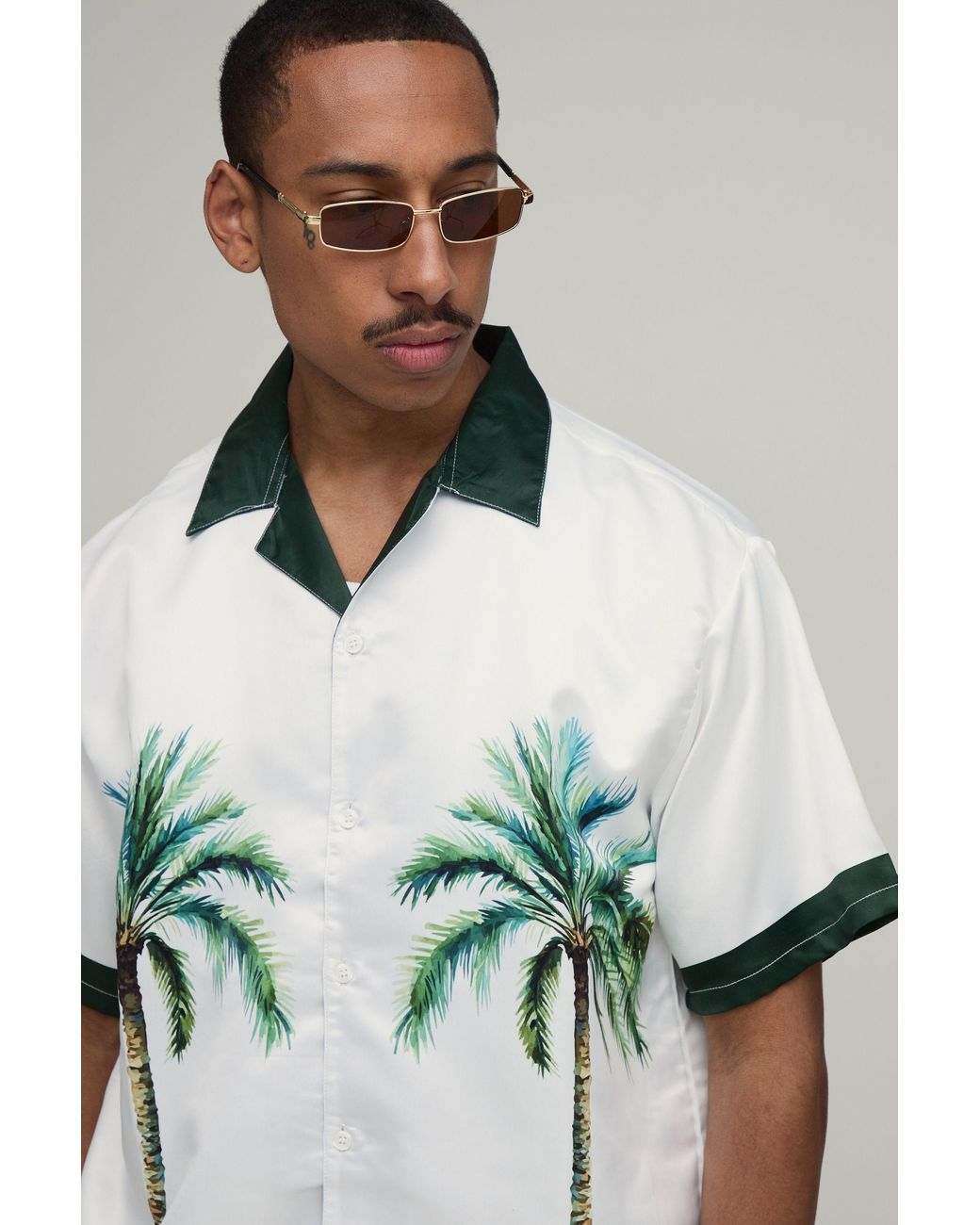 BoohooMAN Gray Oversized Half Sleeve Location Print Satin Shirt & Short Set for men