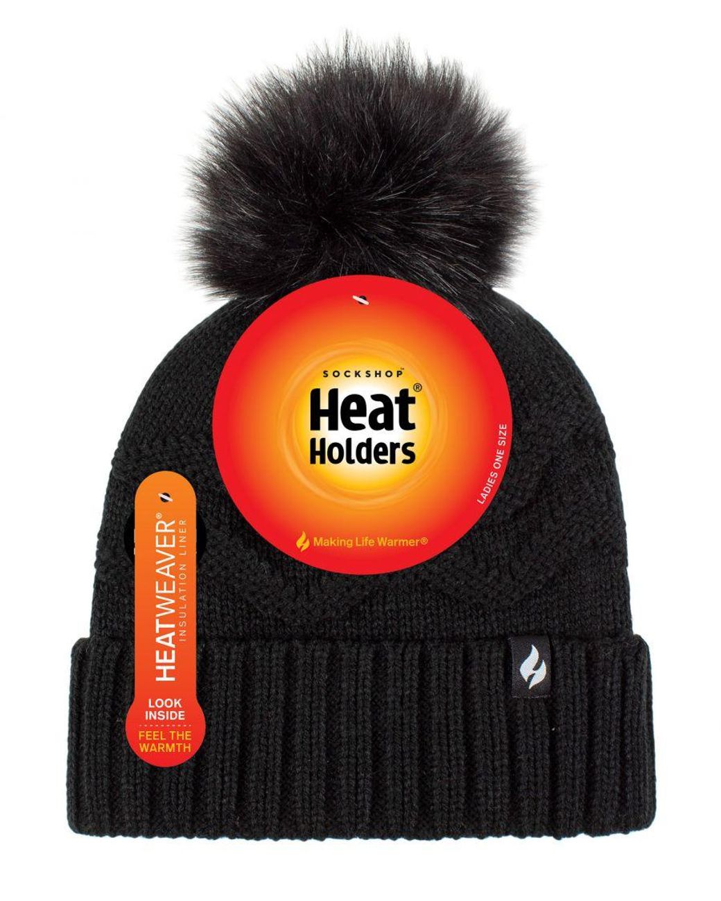 Heat Holders Black Ladies Winter Fur Beanie Hat