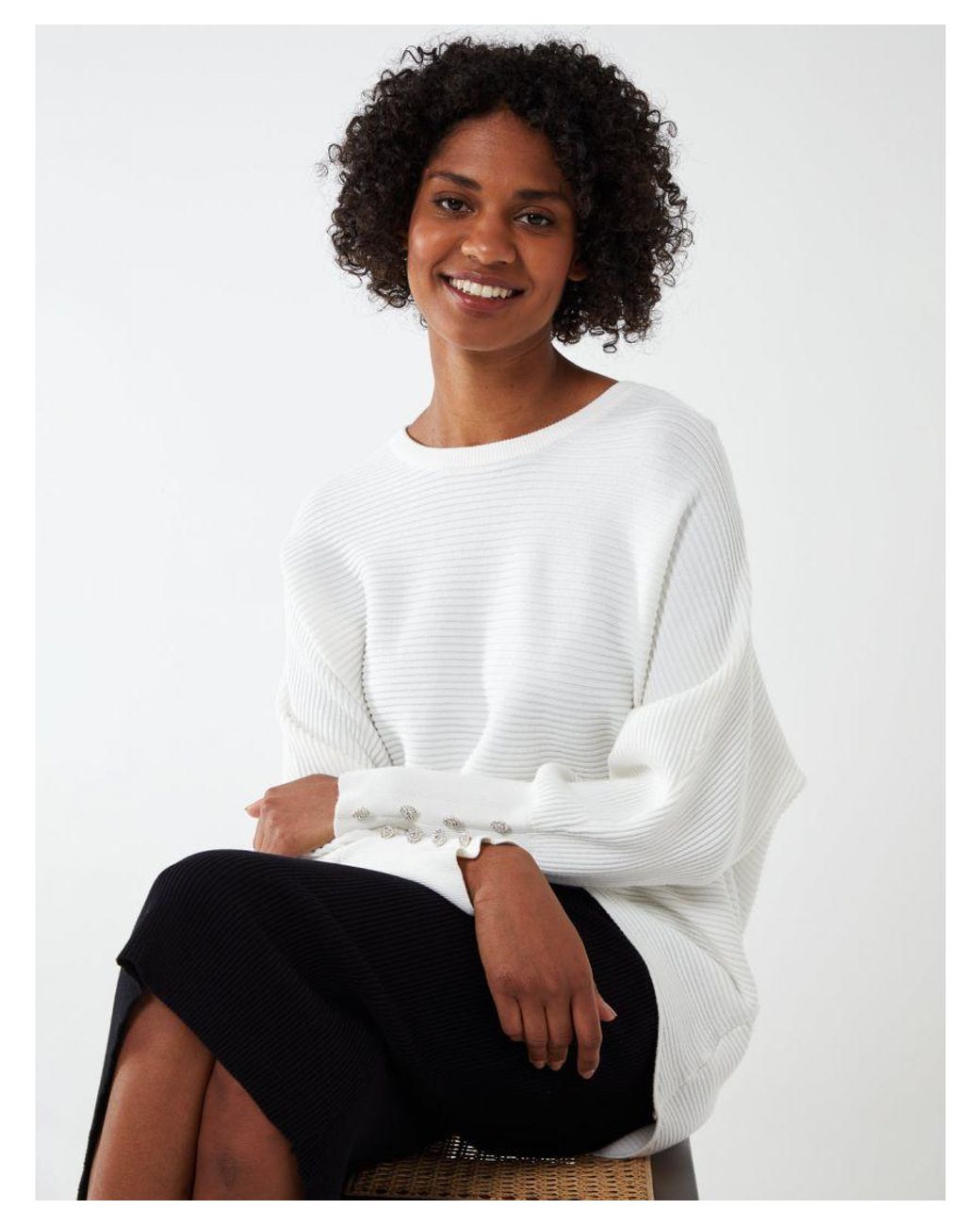 Blue Vanilla Ciara Jewel Button Cuff Ribbed Batwing Jumper