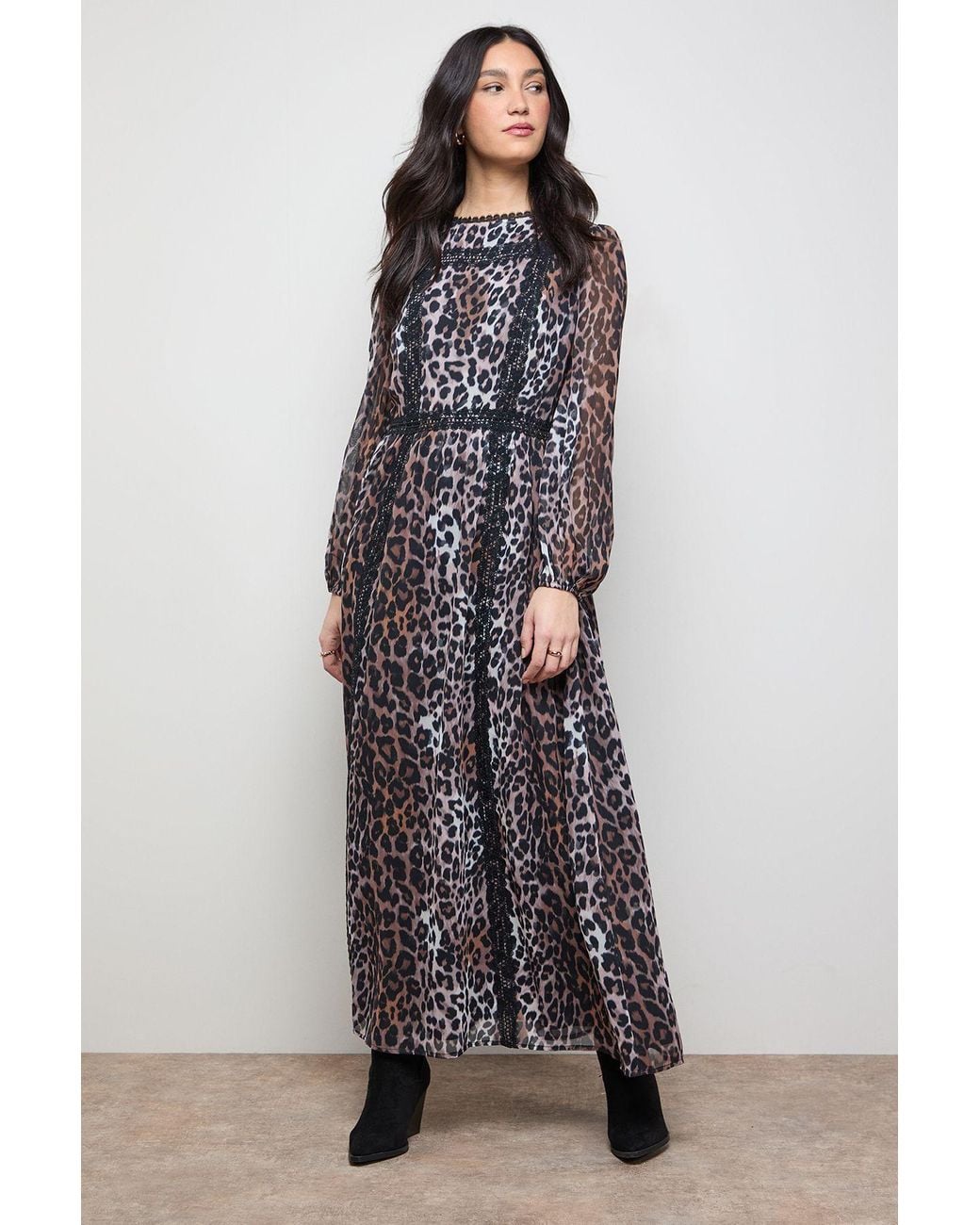Oasis Gray Printed Lace Trim Balloon Sleeve Midi Smock Dress
