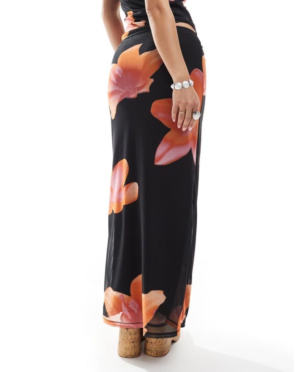 JJXX Black Mesh Maxi Skirt Co Cord With Flower Print