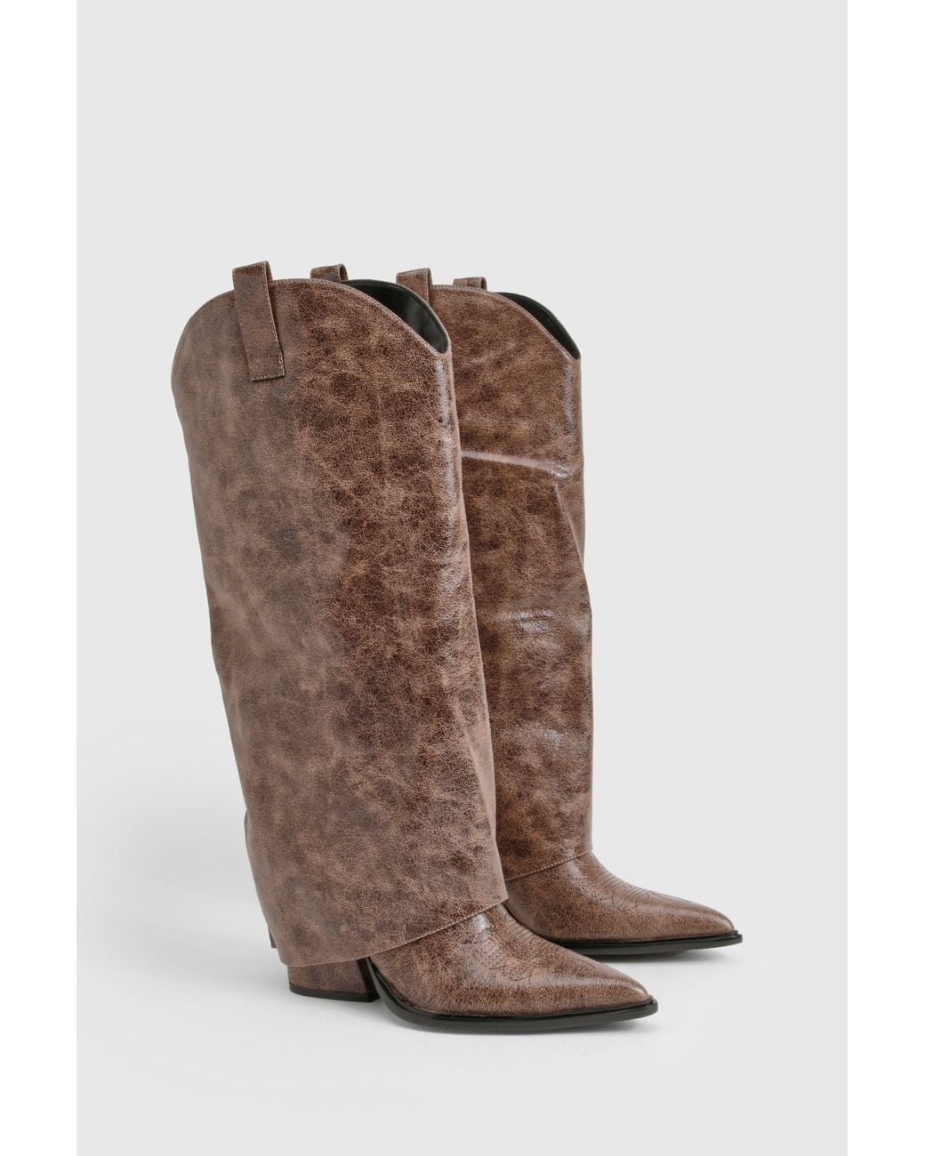 Boohoo Brown Distressed Western Heeled Cowboy Boot