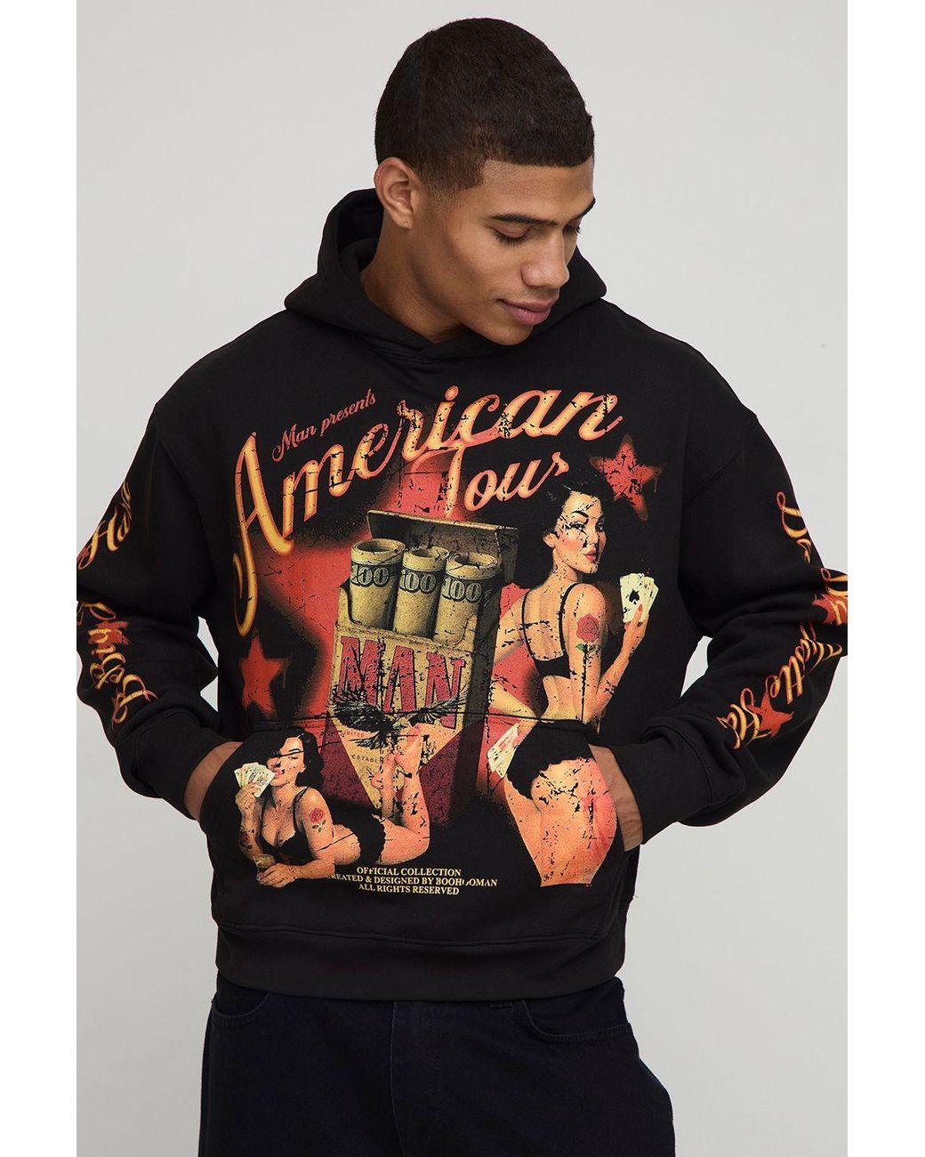 BoohooMAN Black Oversized Boxy American Tour Graphic Hoodie for men