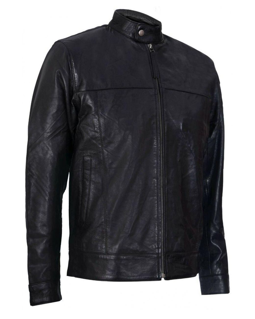 Infinity Leather Blue Mandarin Collar Biker Jacket for men