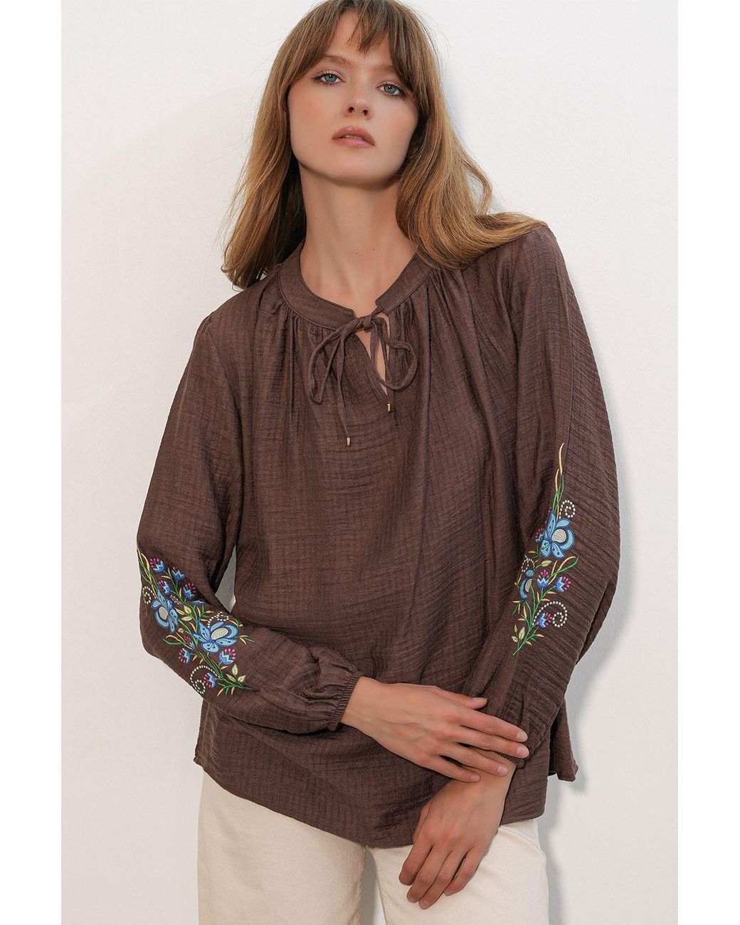 Bigdart Brown Embroidered Oversized Crepe Blouse