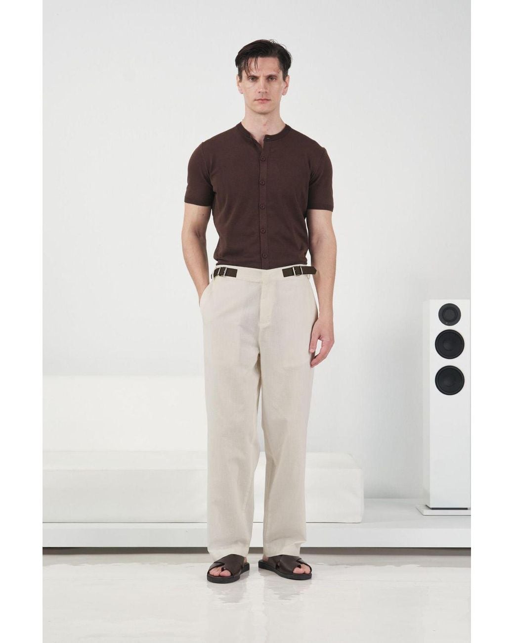 Giesto White Belted Straight Leg Linen Pants for men