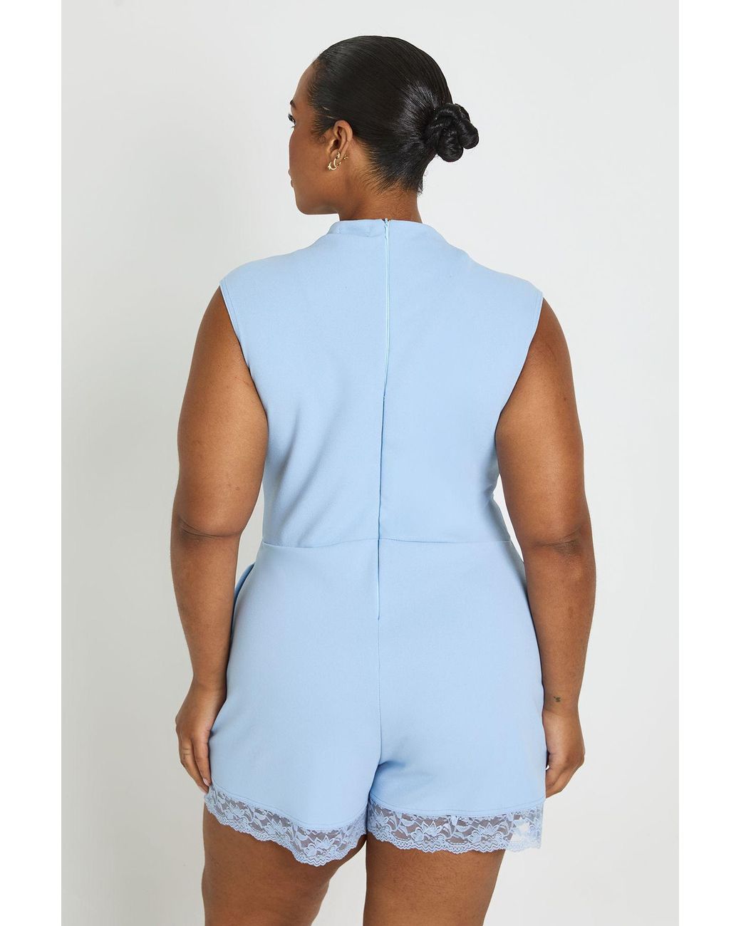 Boohoo Blue Plus High Neck Lace Trim Tailored Playsuit