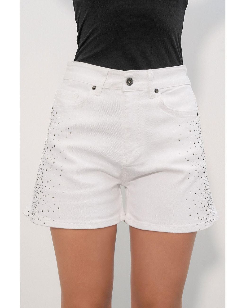 Bigdart Black High-Waist Polka Dot Denim Shorts With Belt