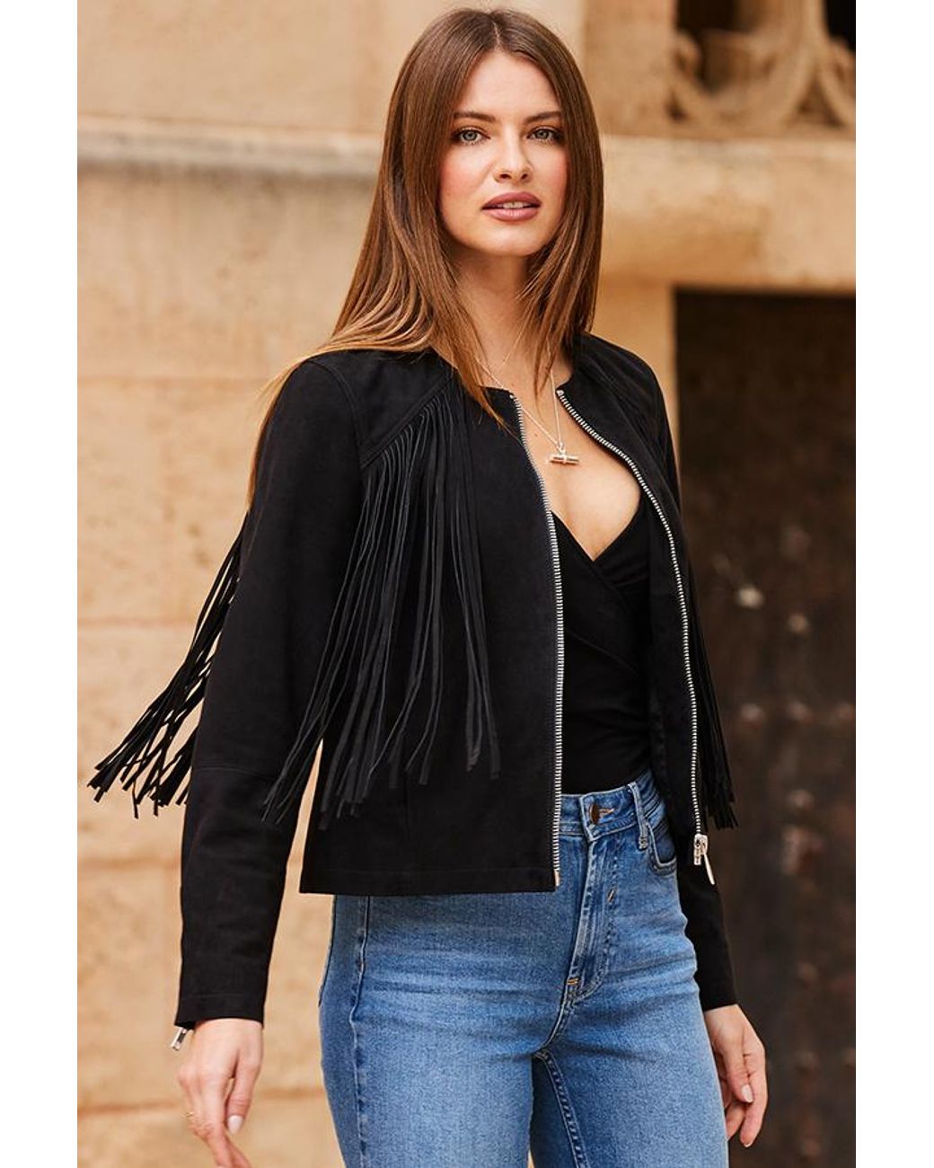 Sosandar Blue Suede Fringed Jacket