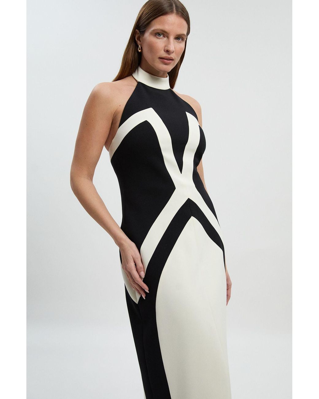 Karen Millen Black Compact Stretch Colour Block Tailored Halter Neck Midi Dress
