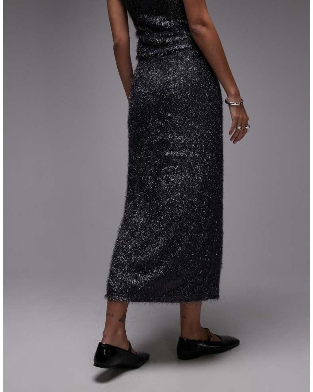 TOPSHOP Gray Tinsel Midi Skirt
