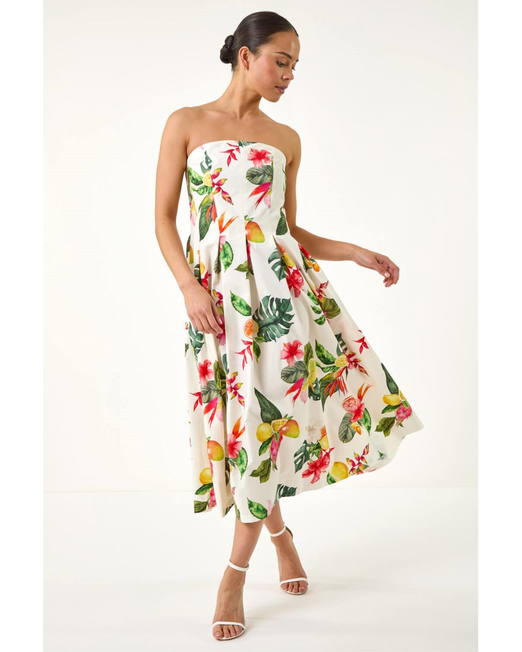 Roman White Petite Tropical Print Strap Midi Dress