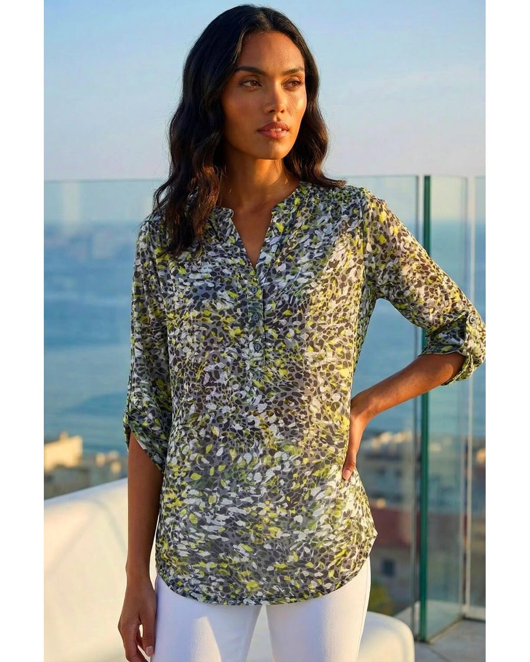 Roman Green Animal Print Burnout V-Neck Stretch Shirt