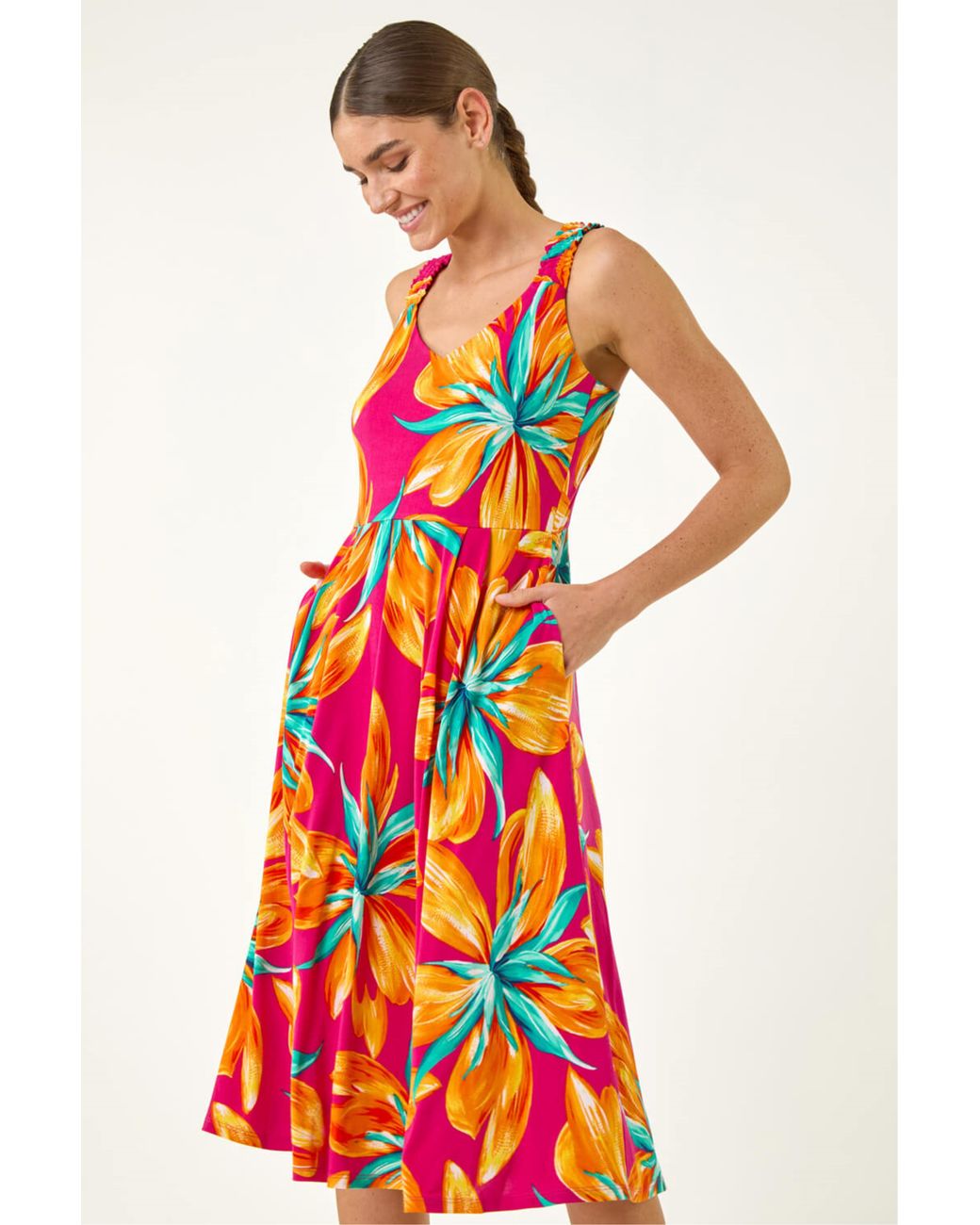Roman Floral Print Shirred Back Midi Dress