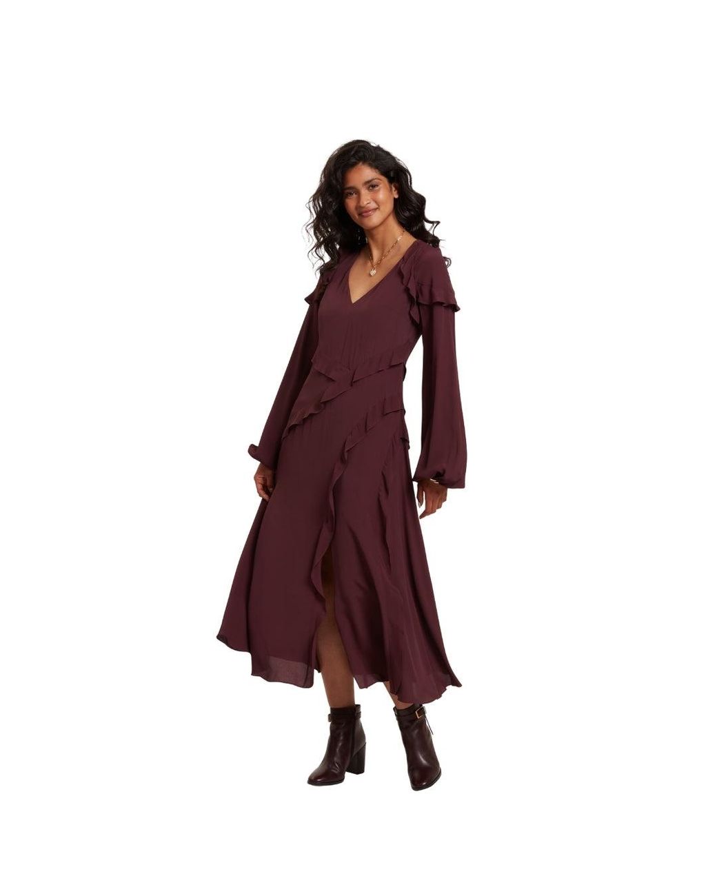 Ted Baker Purple Long Sleeve Midi Dress With Frill Detail