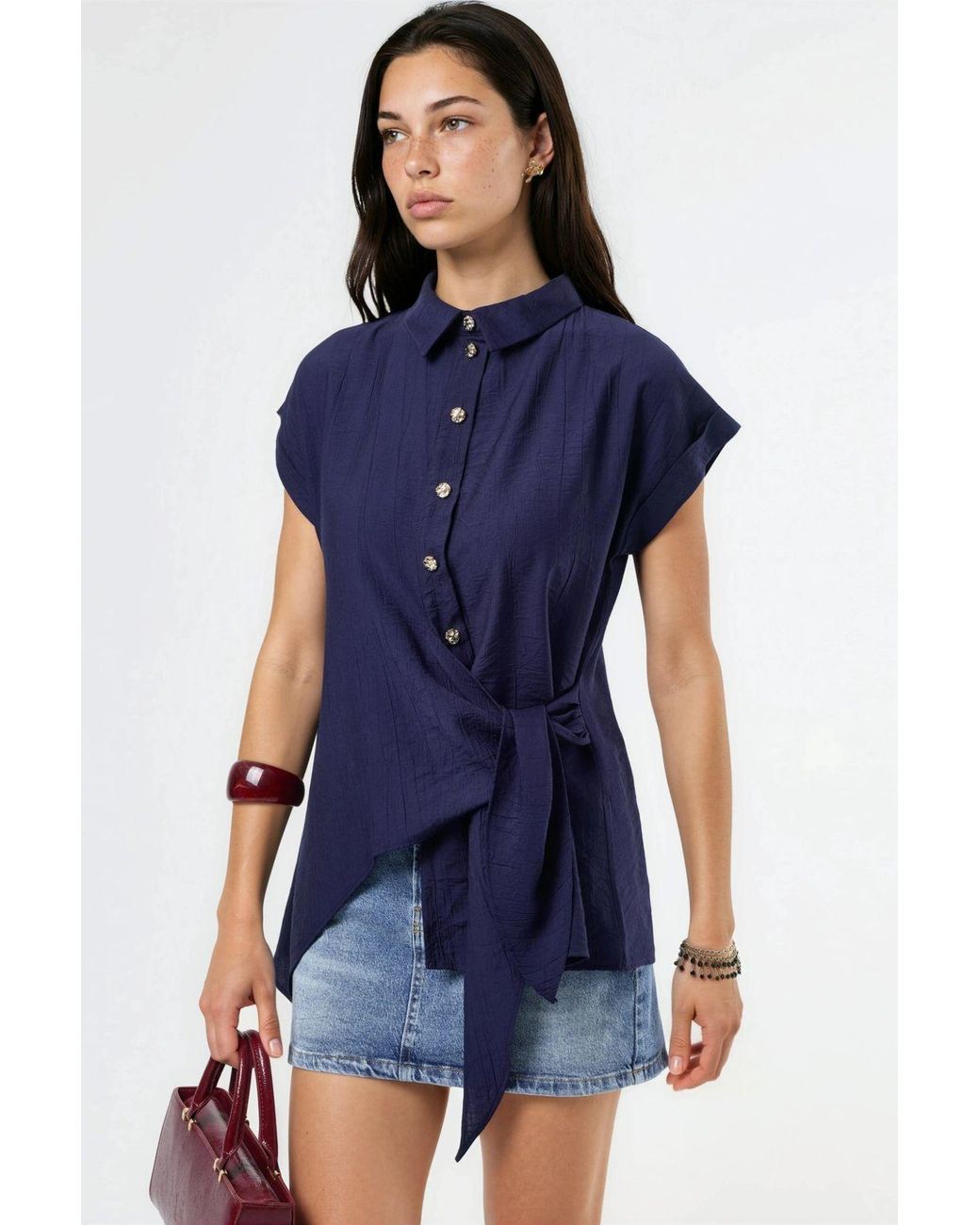 Busem Blue Textured Woven Blouse With Tie Detail