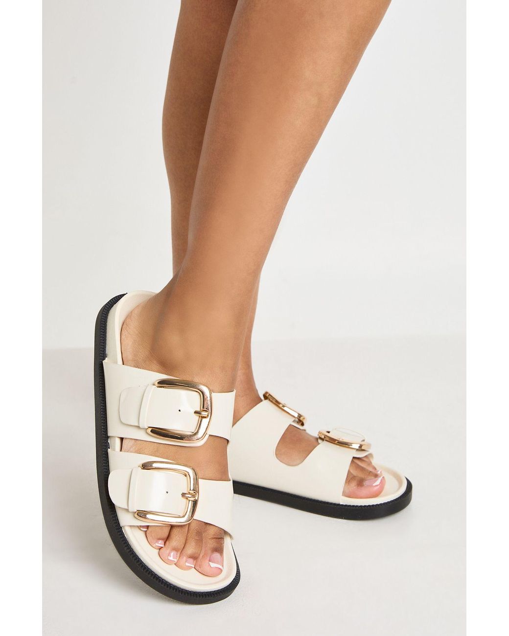 Boohoo White Double Buckle Footbed Sliders