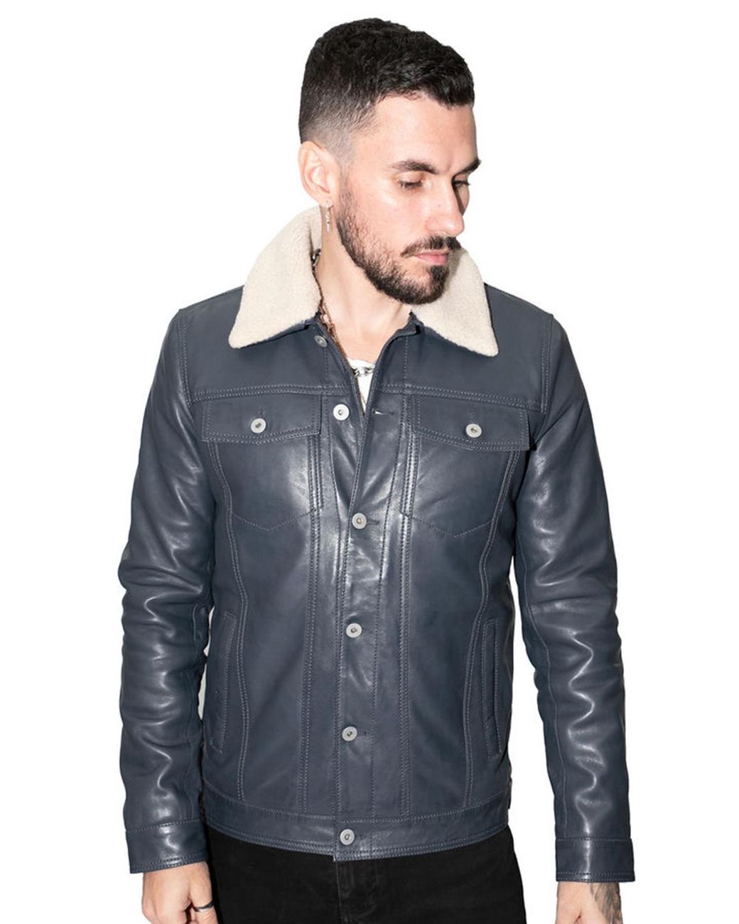 Infinity Leather Blue Removable Collar Trucker Jacket-Zagreb for men
