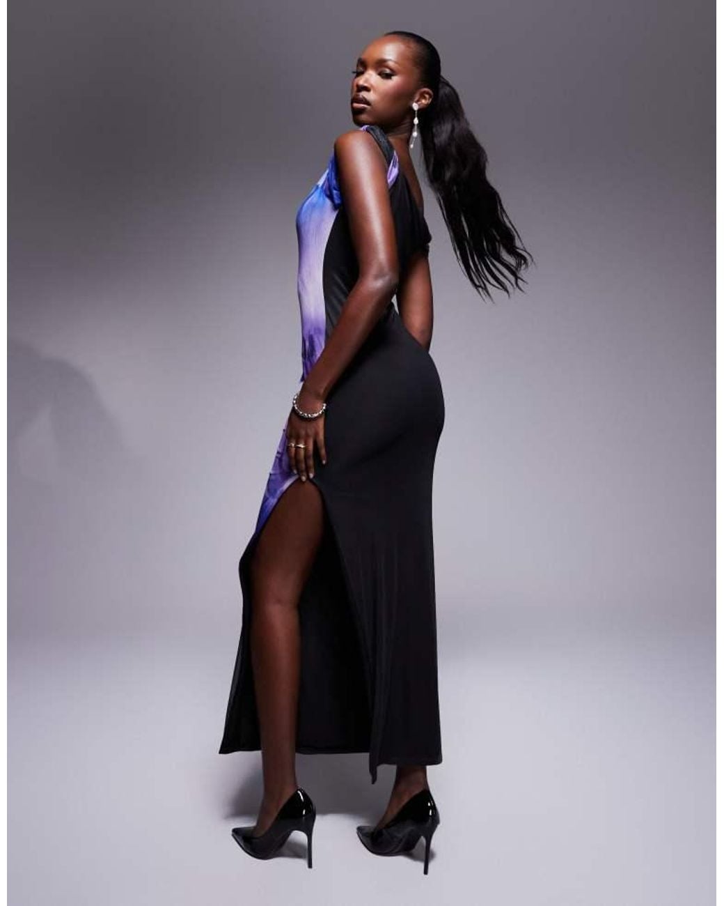Kaiia Blue Exclusive Mesh Thigh Split One Shoulder Twist Detail Maxi Dress