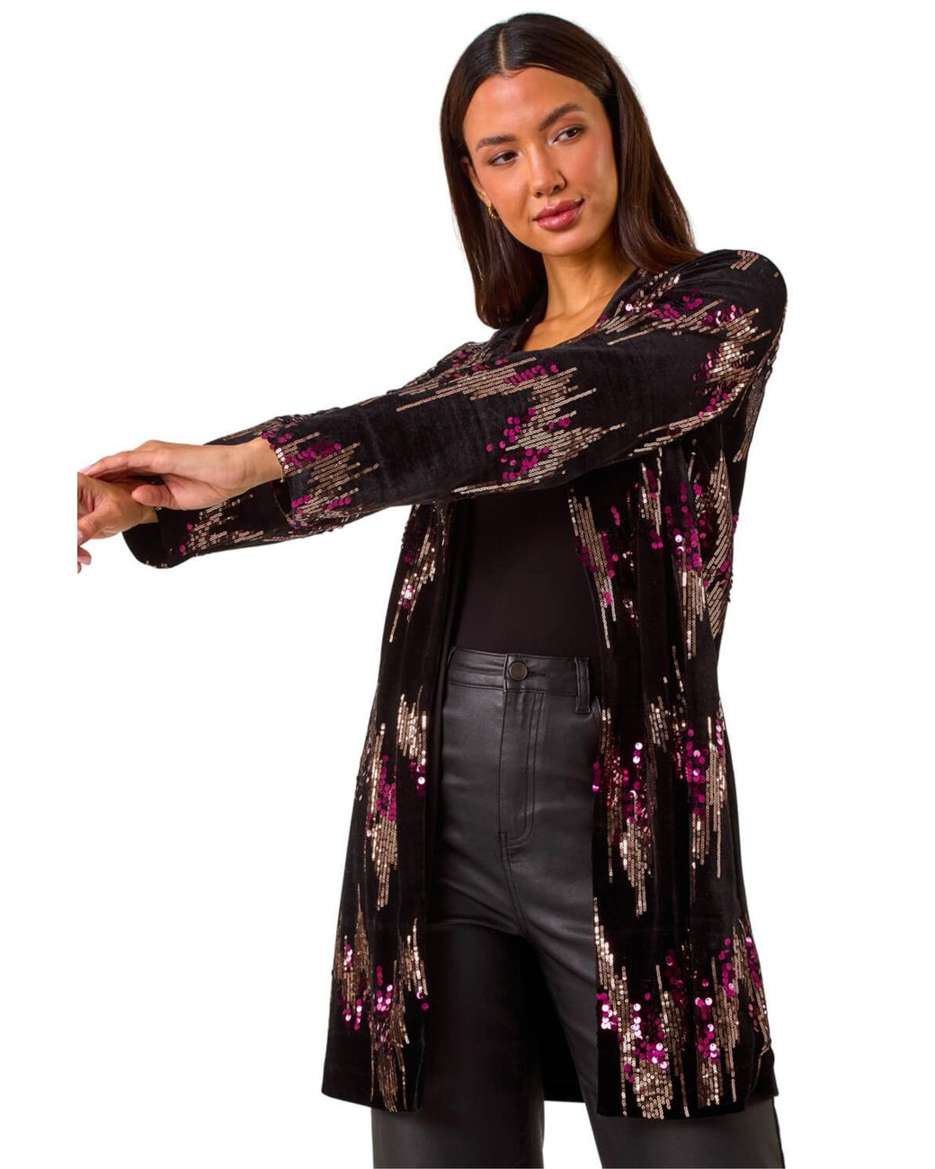 Roman Black Sequin Velvet Longline Jacket