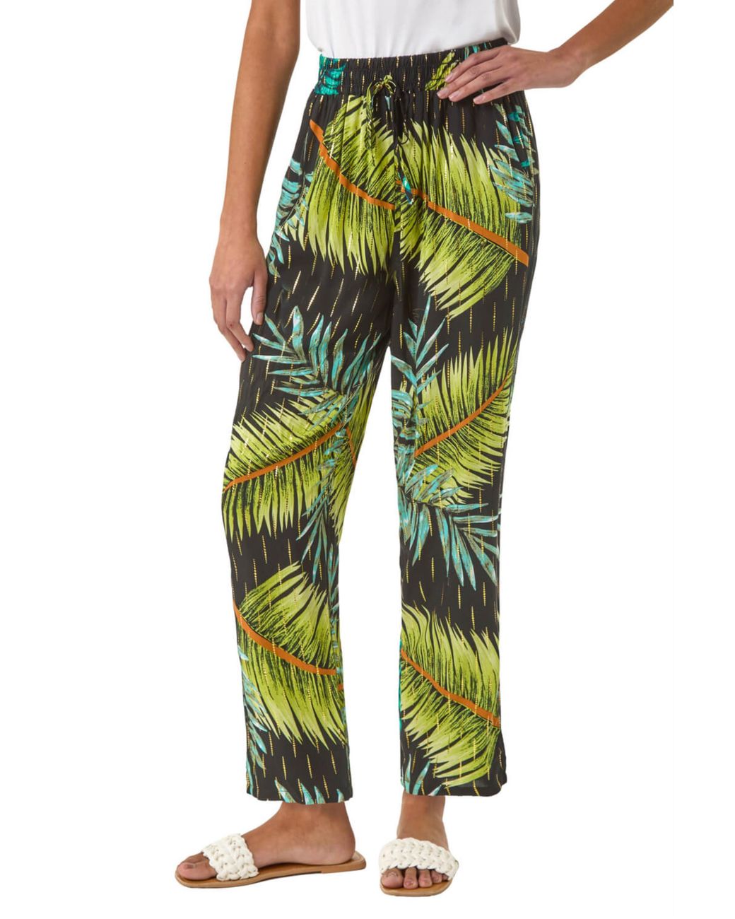 Roman Green Shimmer Palm Print Harem Trouser