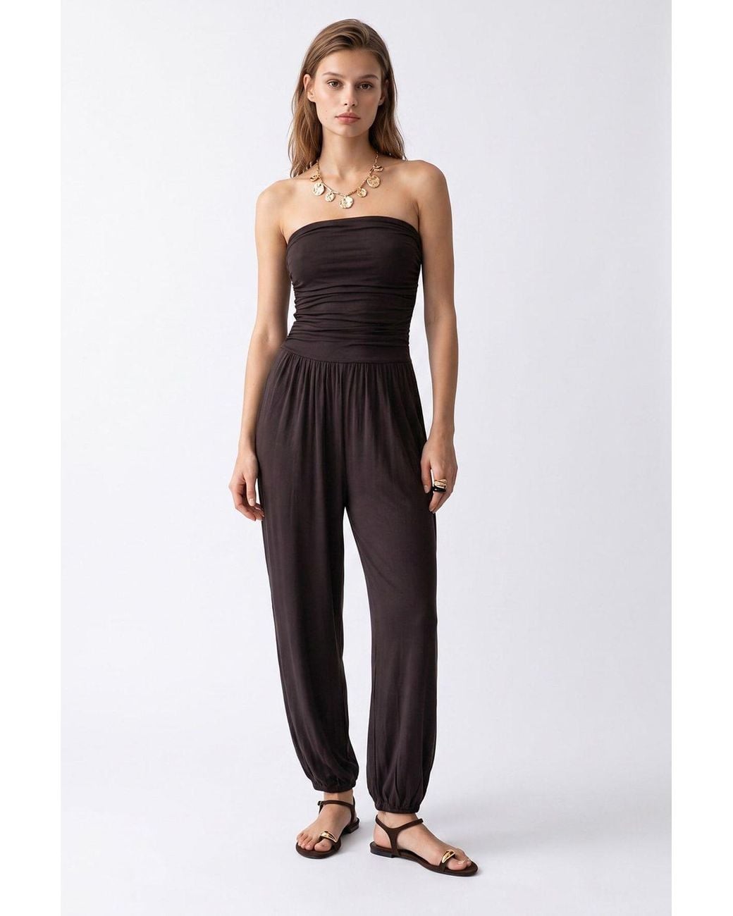 MixRay Blue Strapless Shirred Knit Jumpsuit