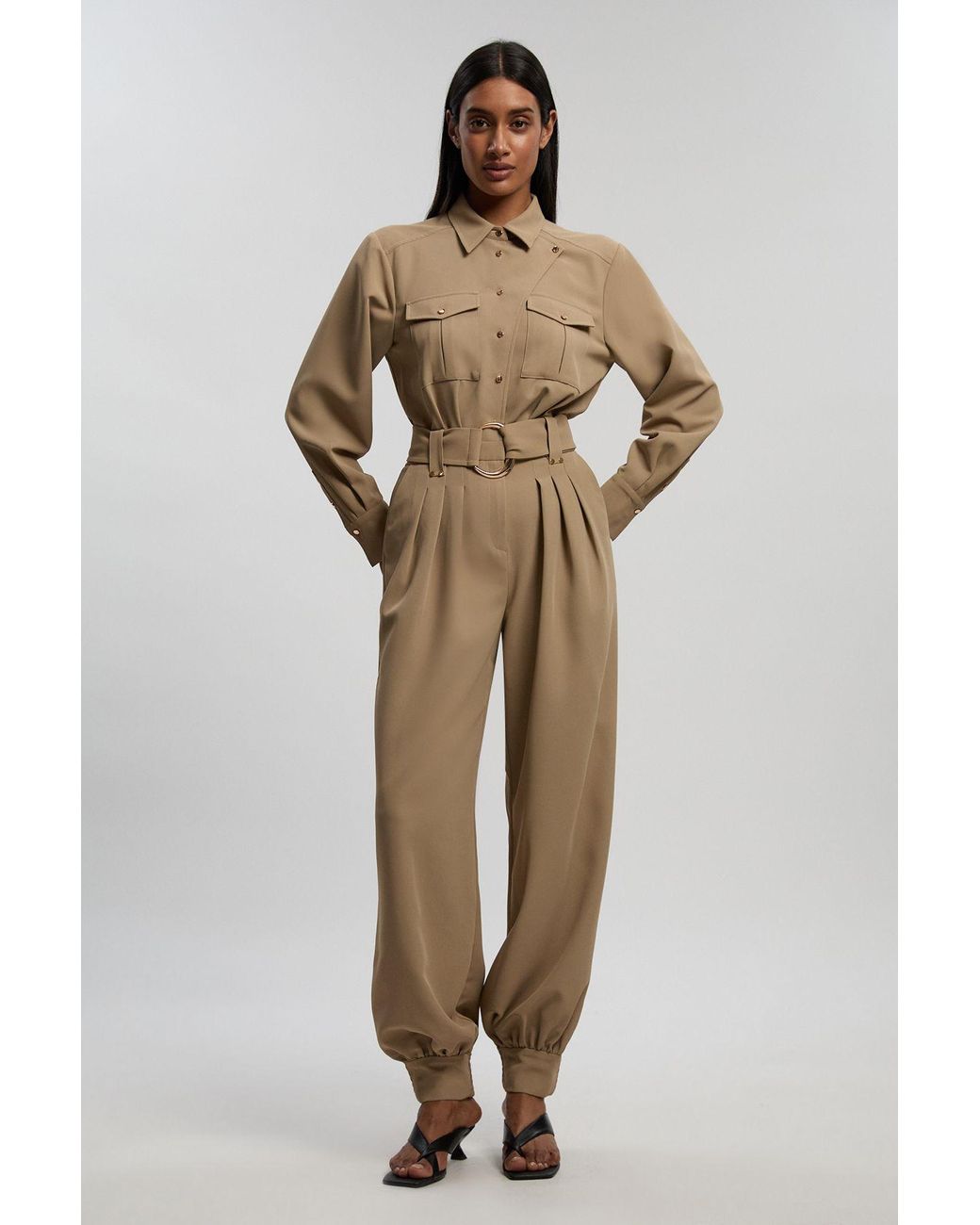 Karen Millen Natural Utility Detail Cuffed Woven Jumpsuit