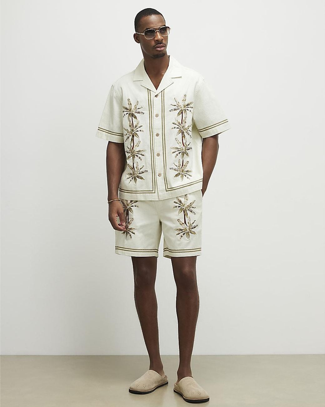 River Island Natural Shorts Palm Tree Drawstring for men