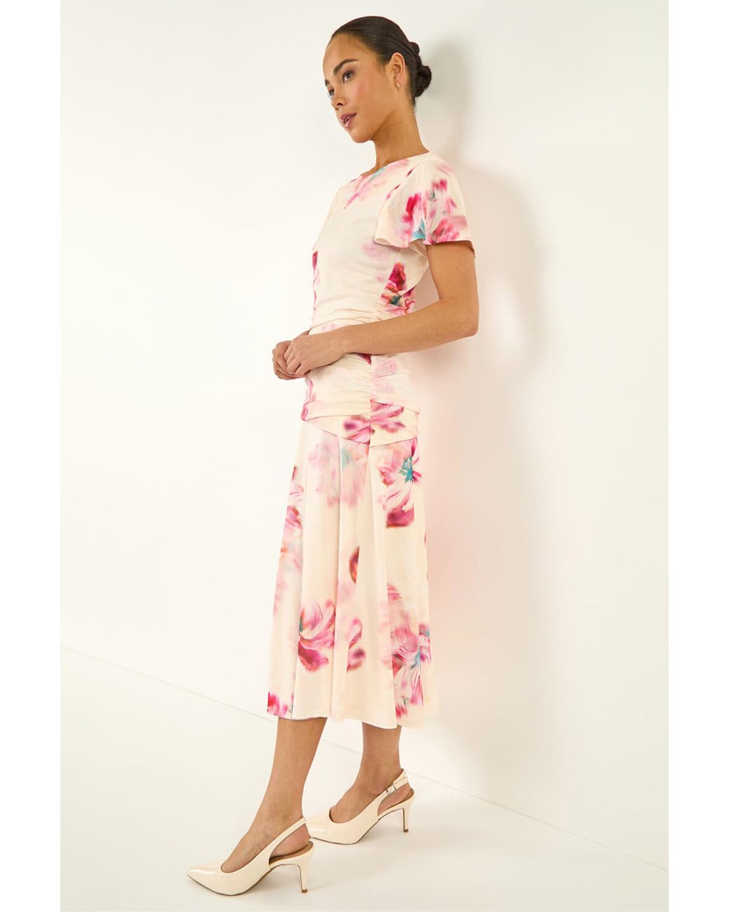 Roman Pink Petite Floral Ruched Side Dress