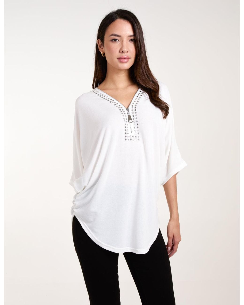 Blue Vanilla White Studded Zip Front Top