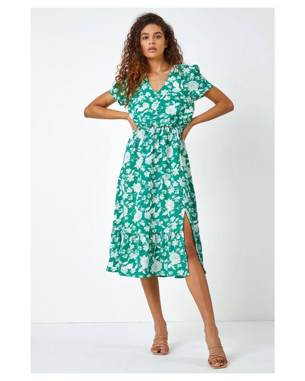 Roman Green Floral Button Through Midi Dress