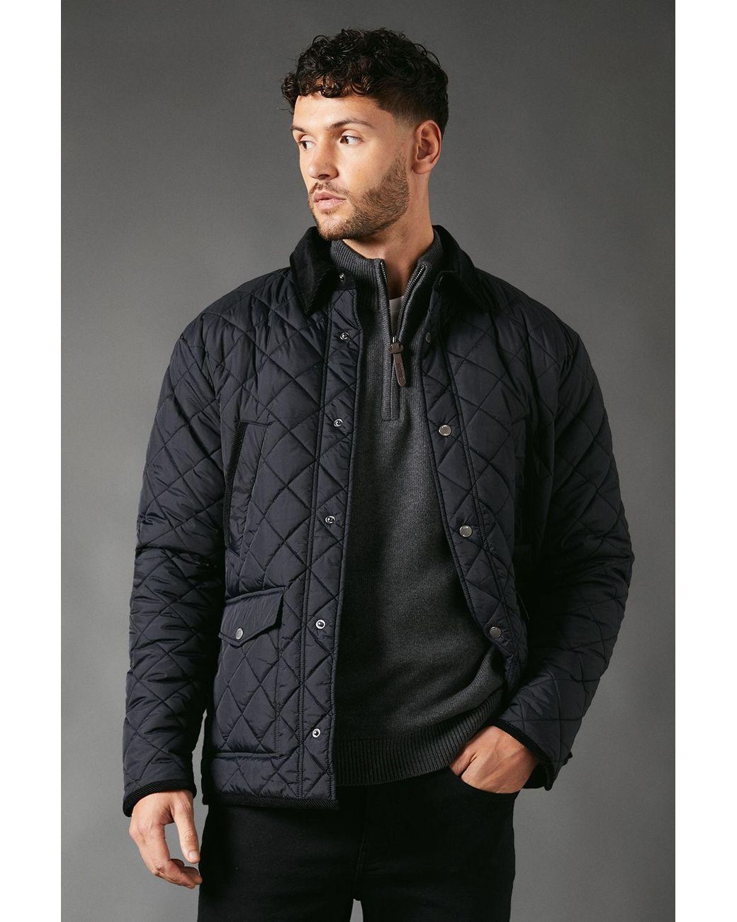 MAINE Gray Cord Collar Diamond Quilted Jacket for men