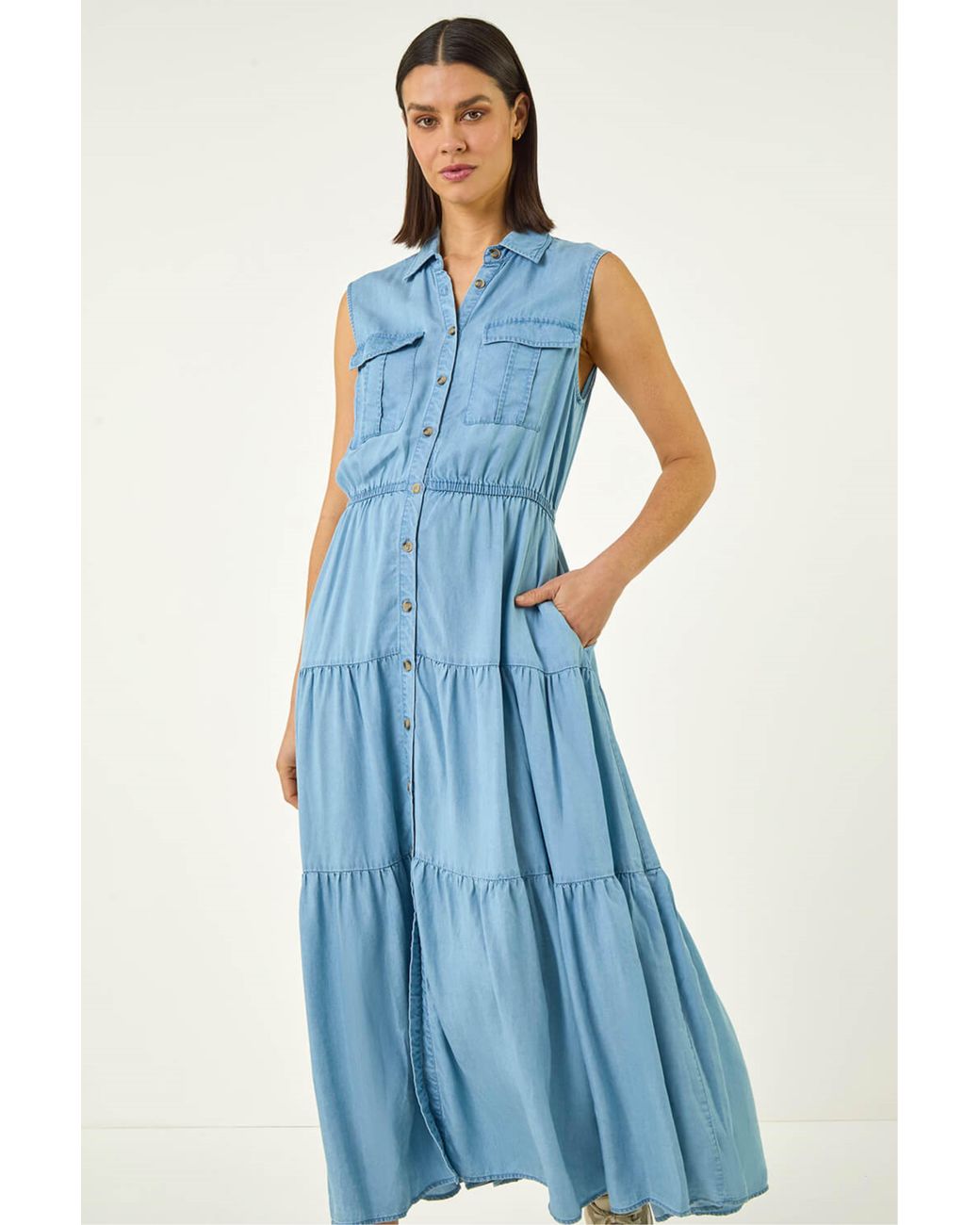 Roman Blue Collared Tiered Midi Dress