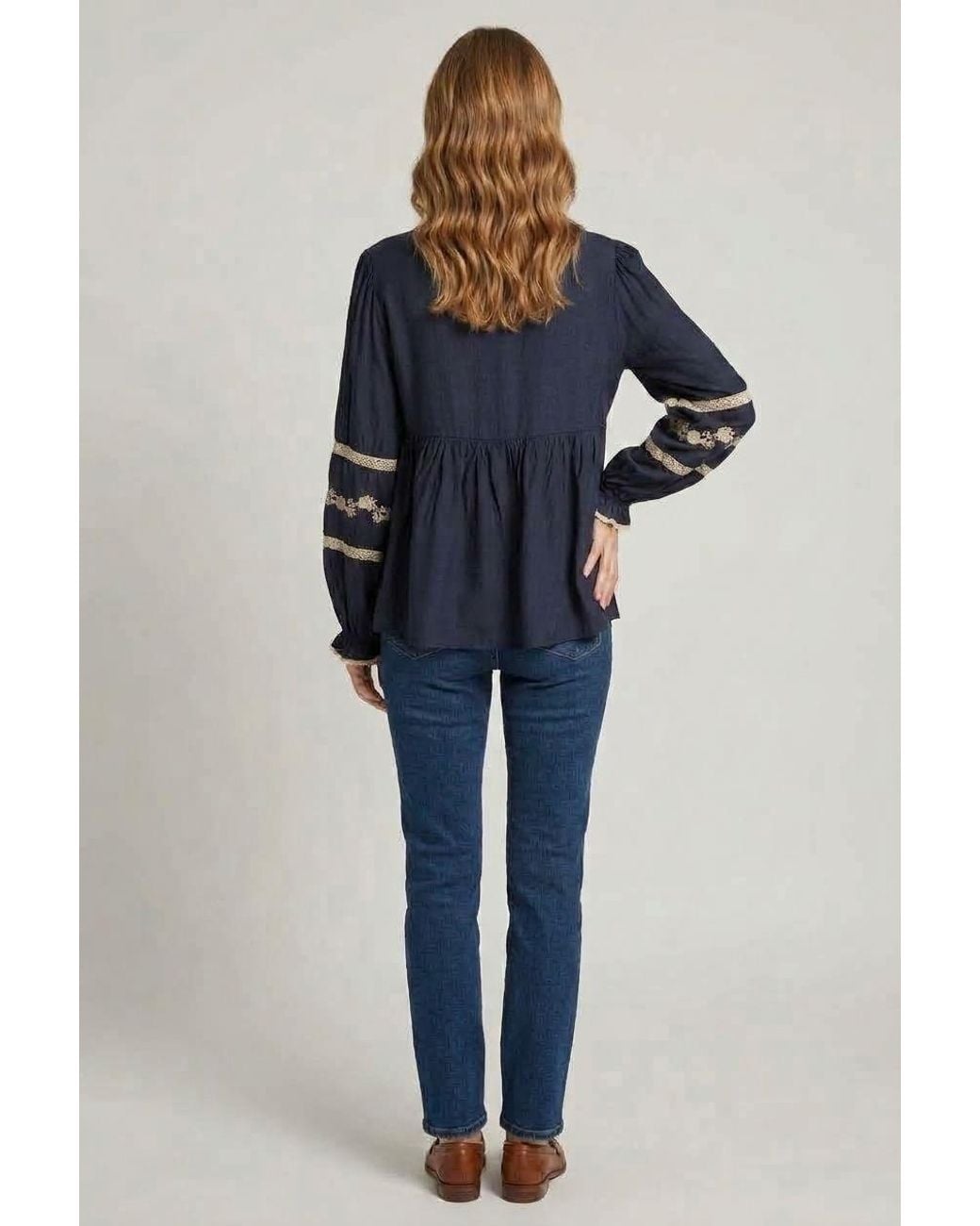 Izabel London Blue Lace Trim Long Sleeve Pleated Blouse