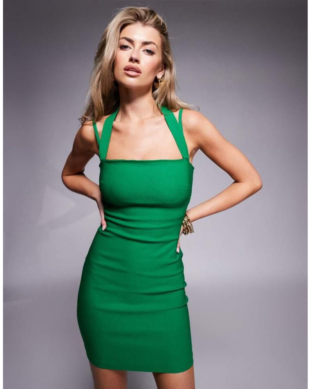 Vesper Green Bengaline Double Strap Bodycon Mini Dress