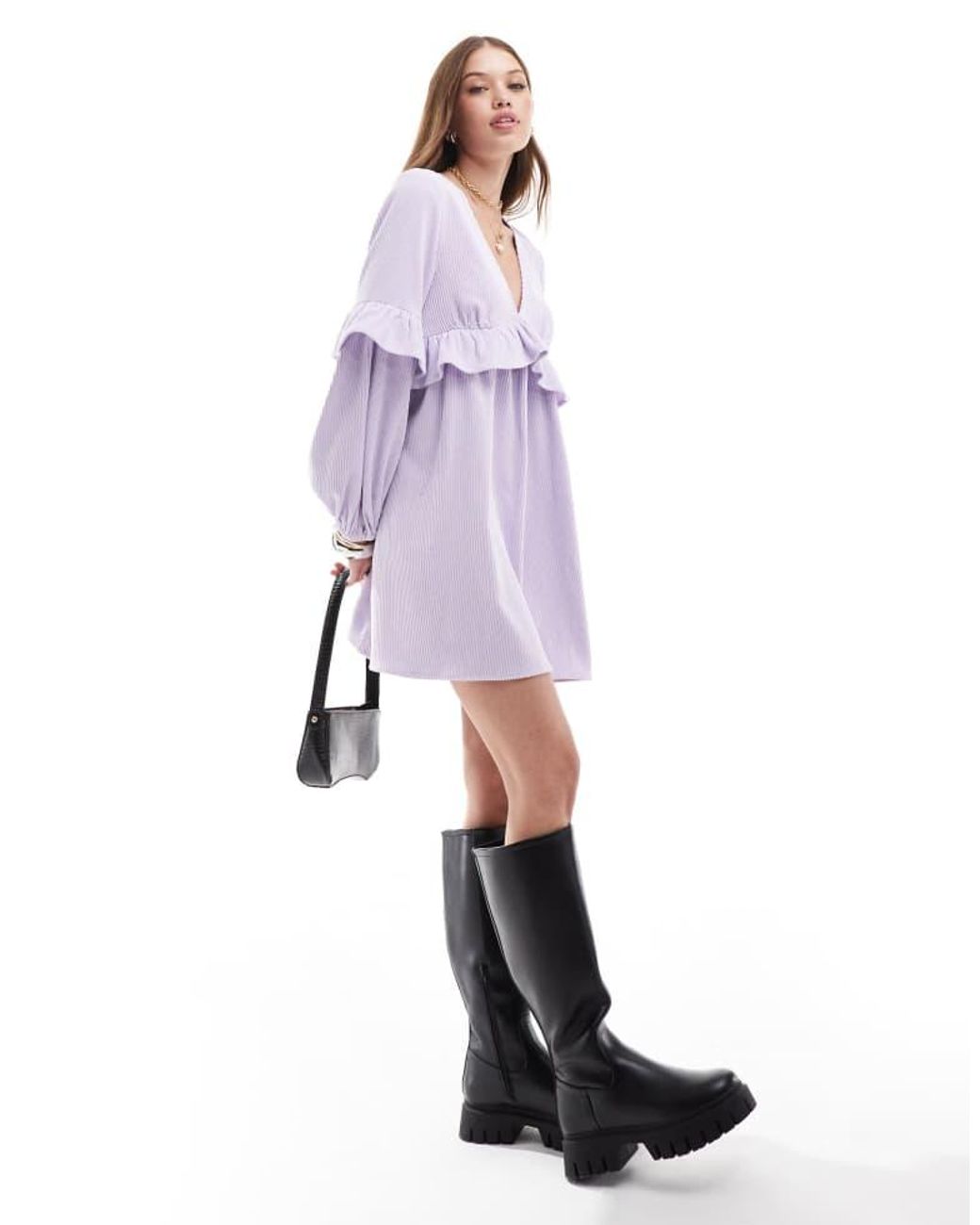 ASOS Purple Cord Smock Mini Dress With Frill Detail
