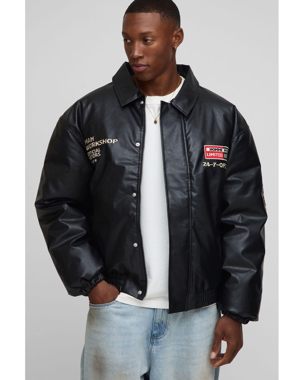 BoohooMAN Black Oversized Fit Badge Applique Collared Bomber Jacket for men