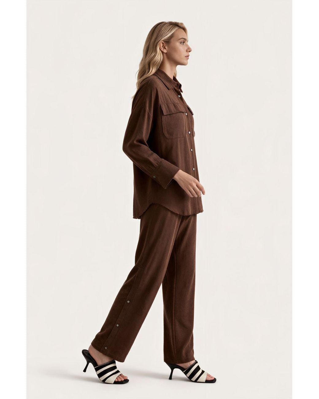 Msn-Collection Brown Linen Cotton Suit Set