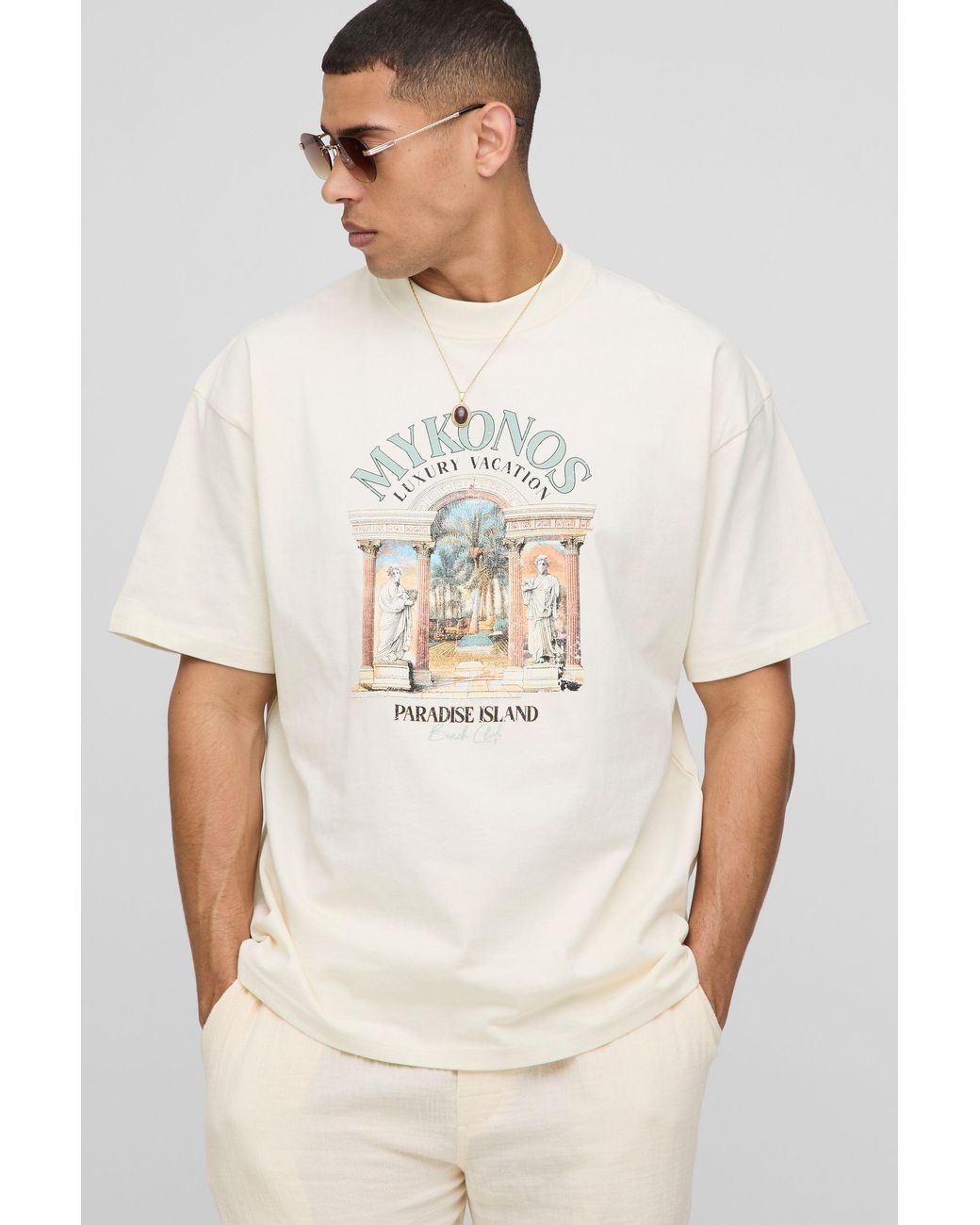 BoohooMAN Natural Ecru Oversized Extended Neck Mykonos Paradise Island Graphic T Shirt for men