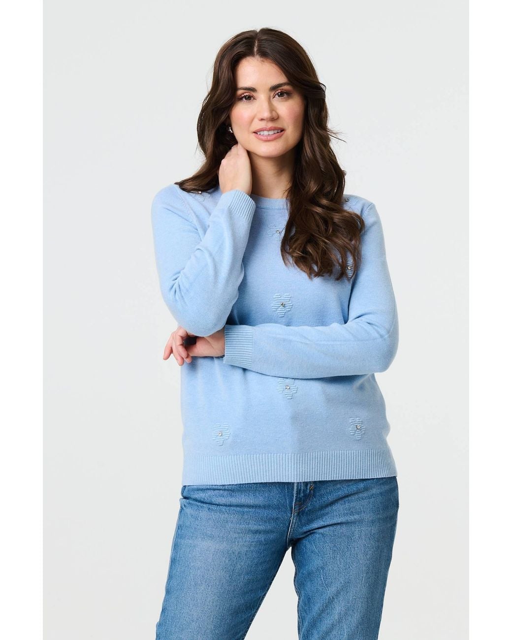 Izabel London Blue Floral Gemstone Embellished Jumper