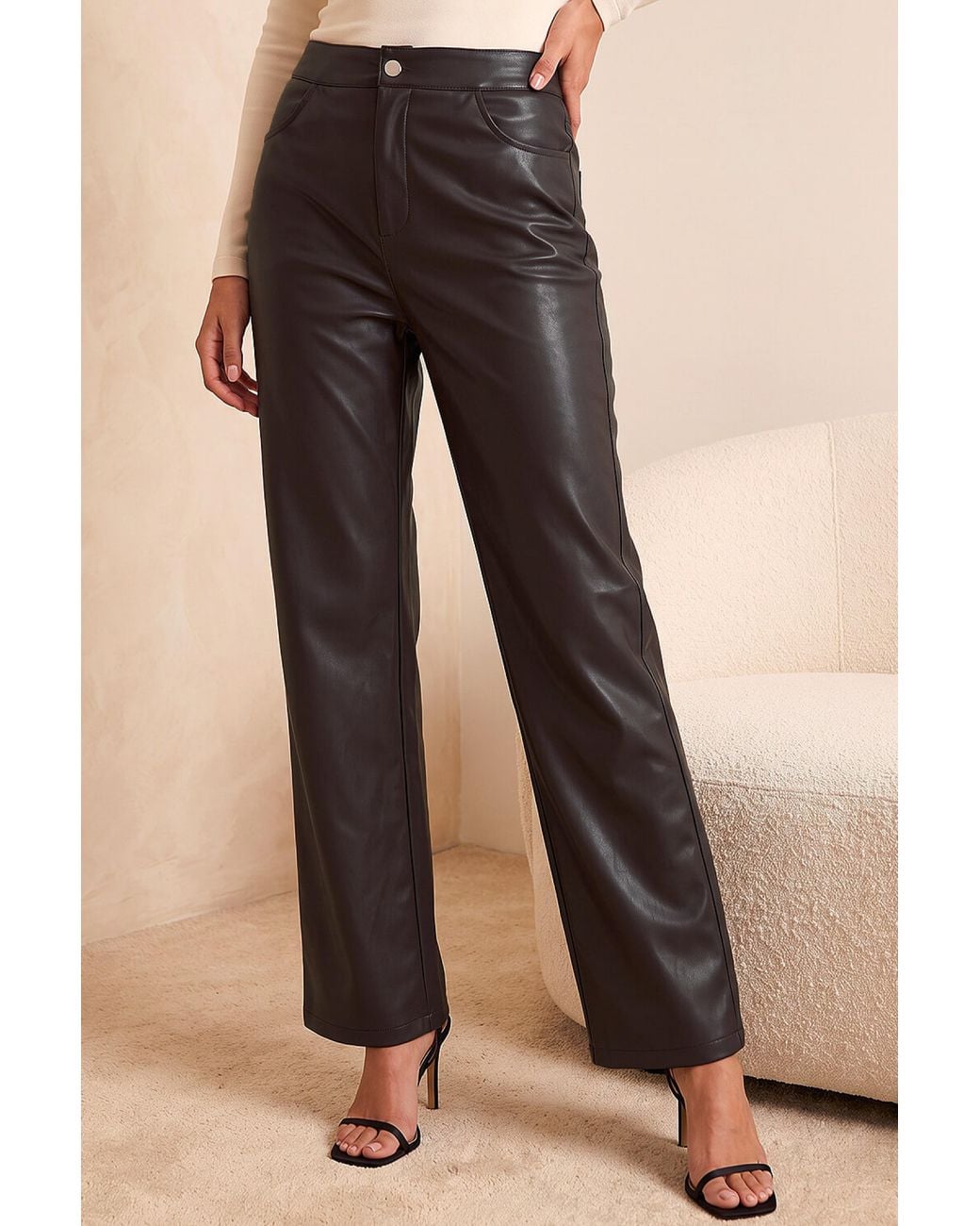 Roman Black Petite Full Length Pu Trouser