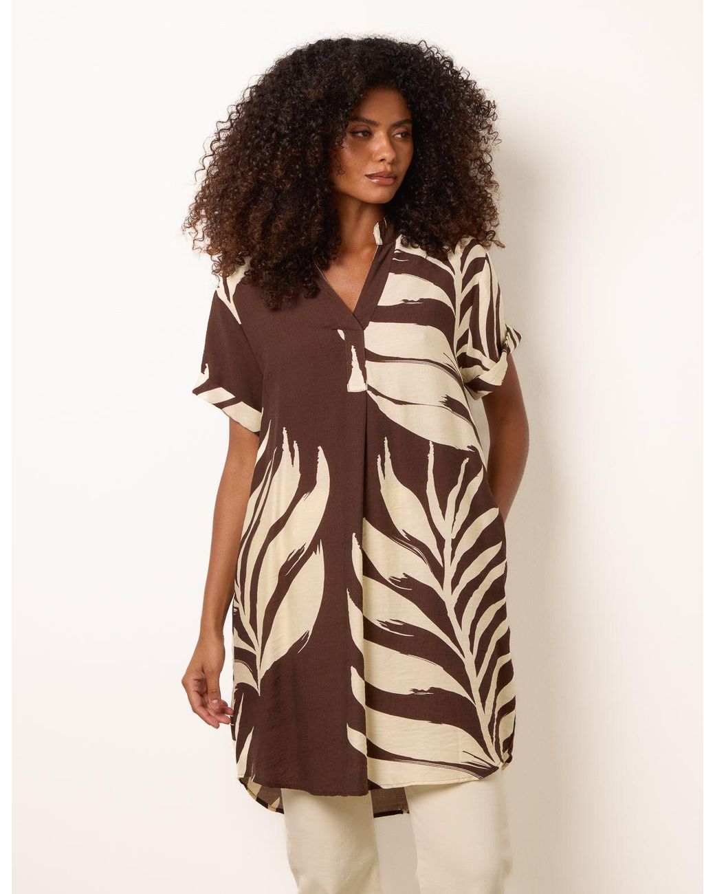 Blue Vanilla Brown Palm Print Tunic Top