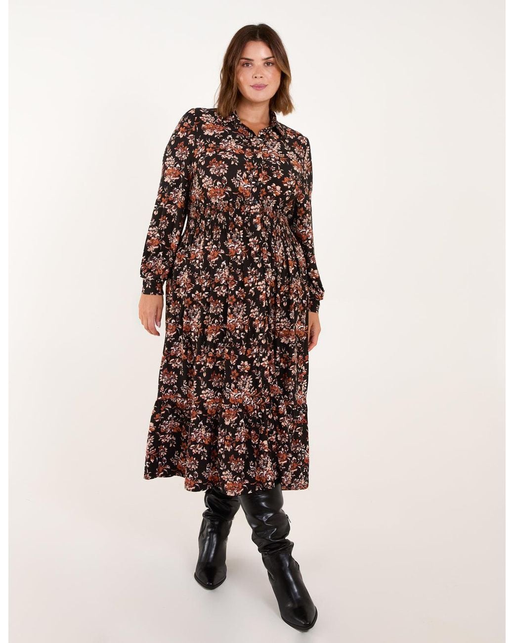 Blue Vanilla Brown Curve Shirred Waist Floral Printed Midi Shirt Dress
